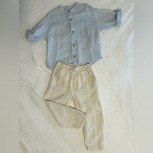 Zara Kids Stylish Linen Boy's Set (Light Blue Shirt and Beige Pants) Size: 3-4